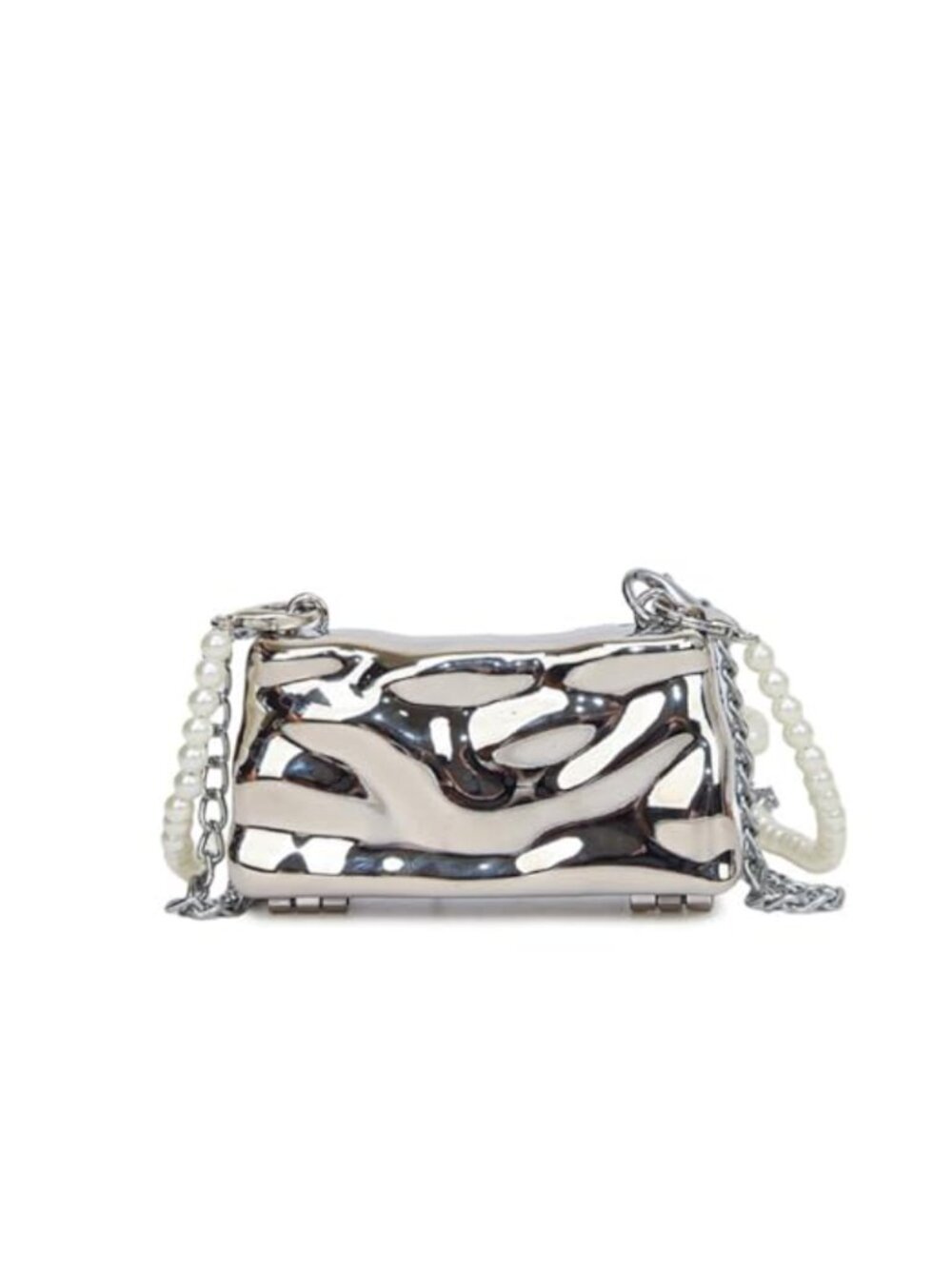 Metal Clutch Evening Bag Square Mini Handbag Pearl Strap